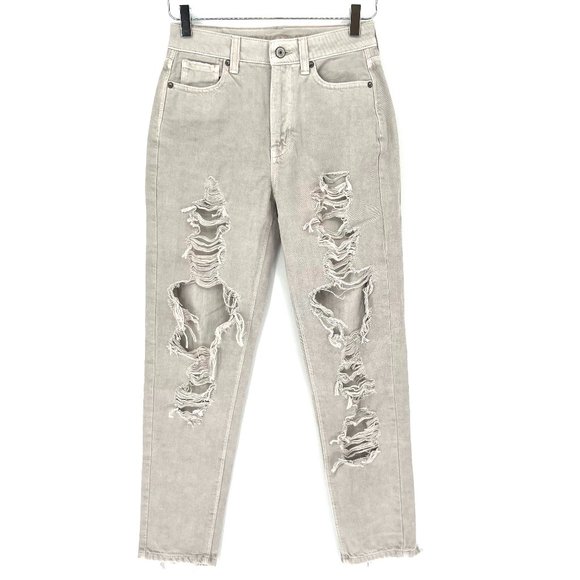 American Eagle Mom Jeans High Rise Distressed Destroyed Grey Denim Size 0 - Picture 1 of 12